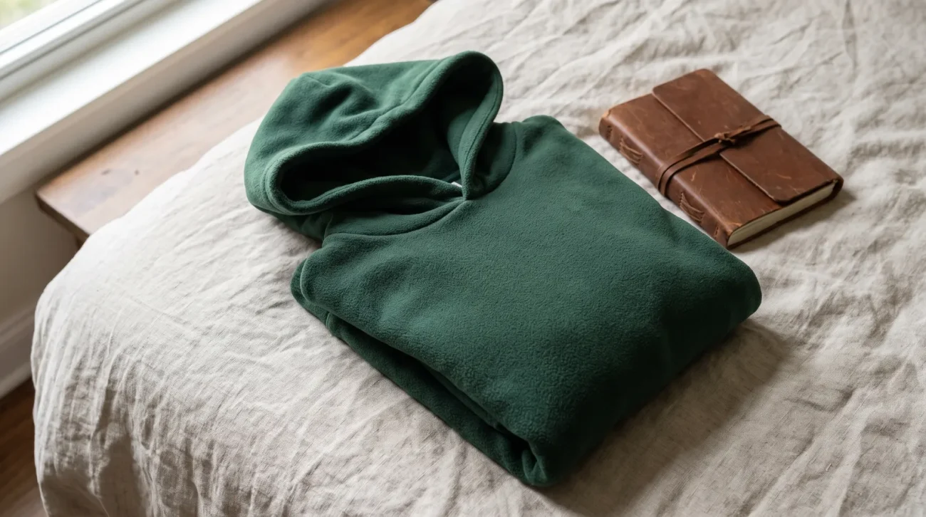 Solo leveling merch: a folded heavyweight fleece hoodie with the hood in soft folds