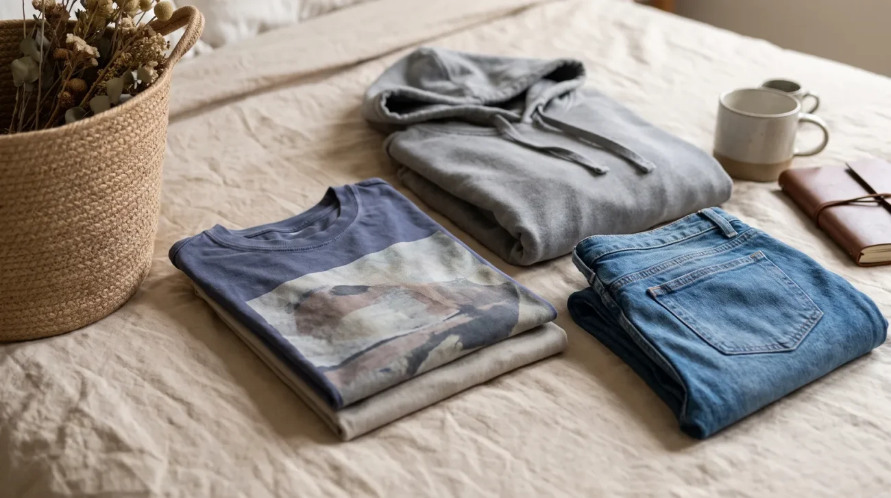 Sukuna merch: a curated flat lay of a folded graphic tee, a hoodie and folded denim
