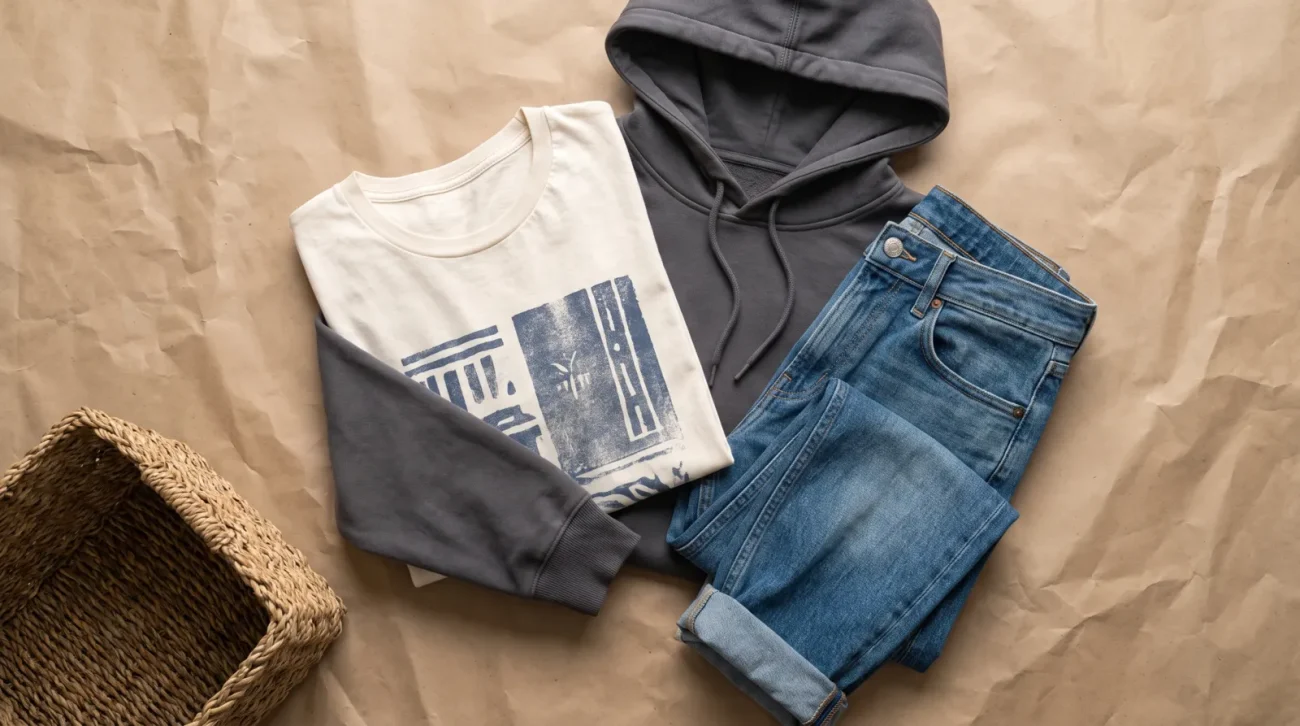 Wind breaker merch: a curated flat lay of a folded graphic tee, a hoodie and folded denim