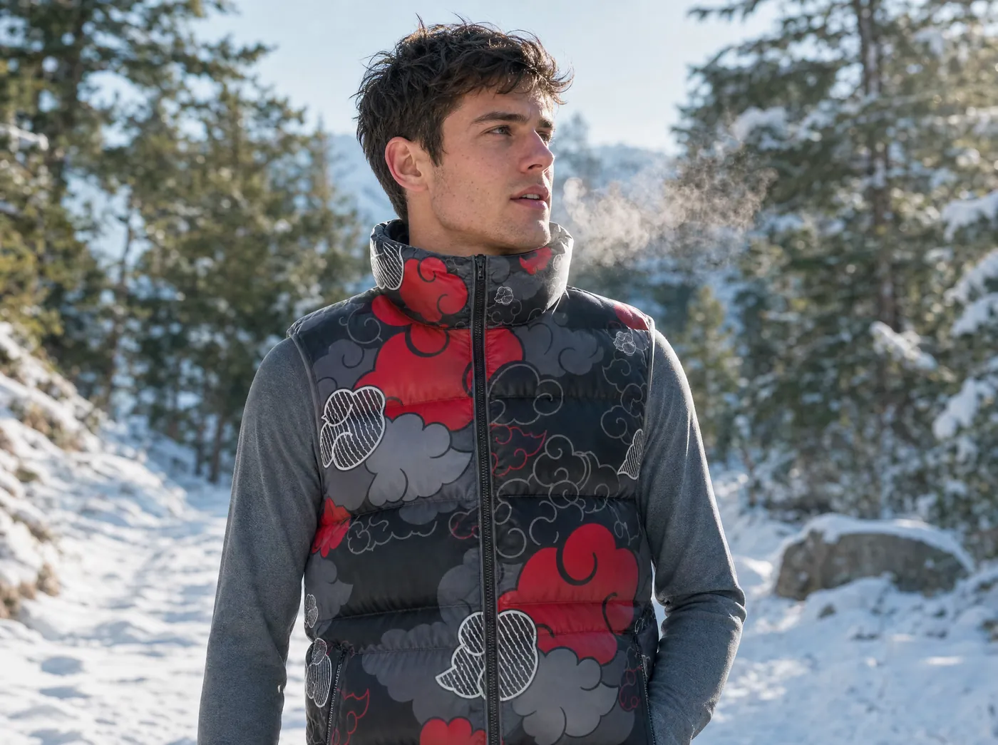 Man wearing an Akatsuki Naruto sleeveless down jacket on a snowy trail