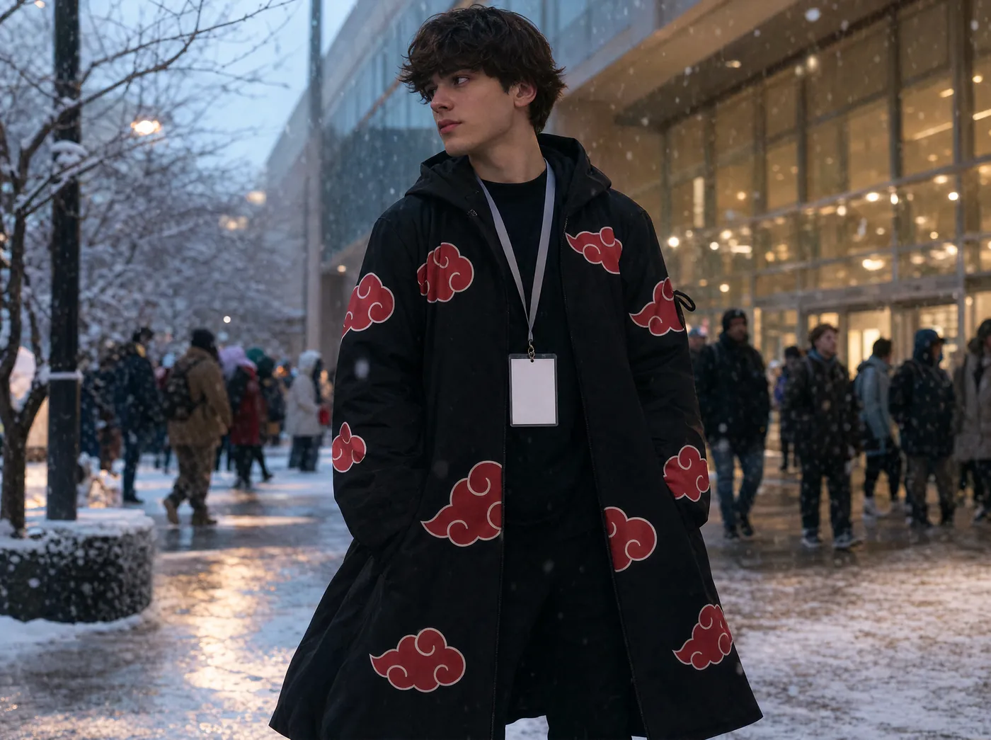 Fan wearing a Naruto Akatsuki hooded cloak coat outside a winter anime convention