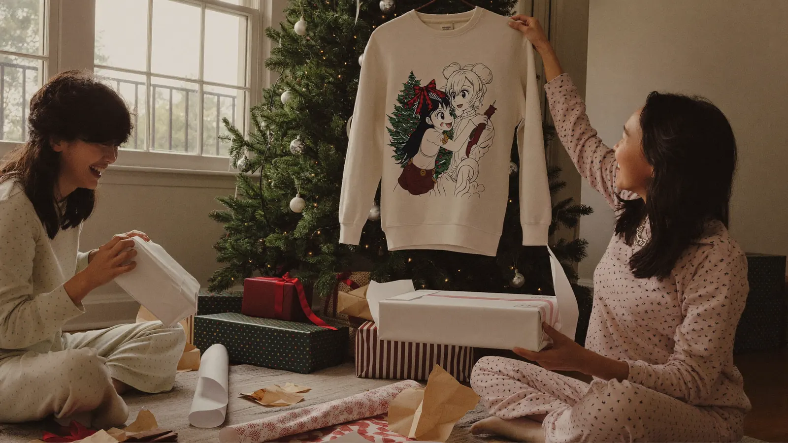 Two friends in pajamas unwrapping anime gifts under the Christmas tree, holding up a graphic sweatshirt