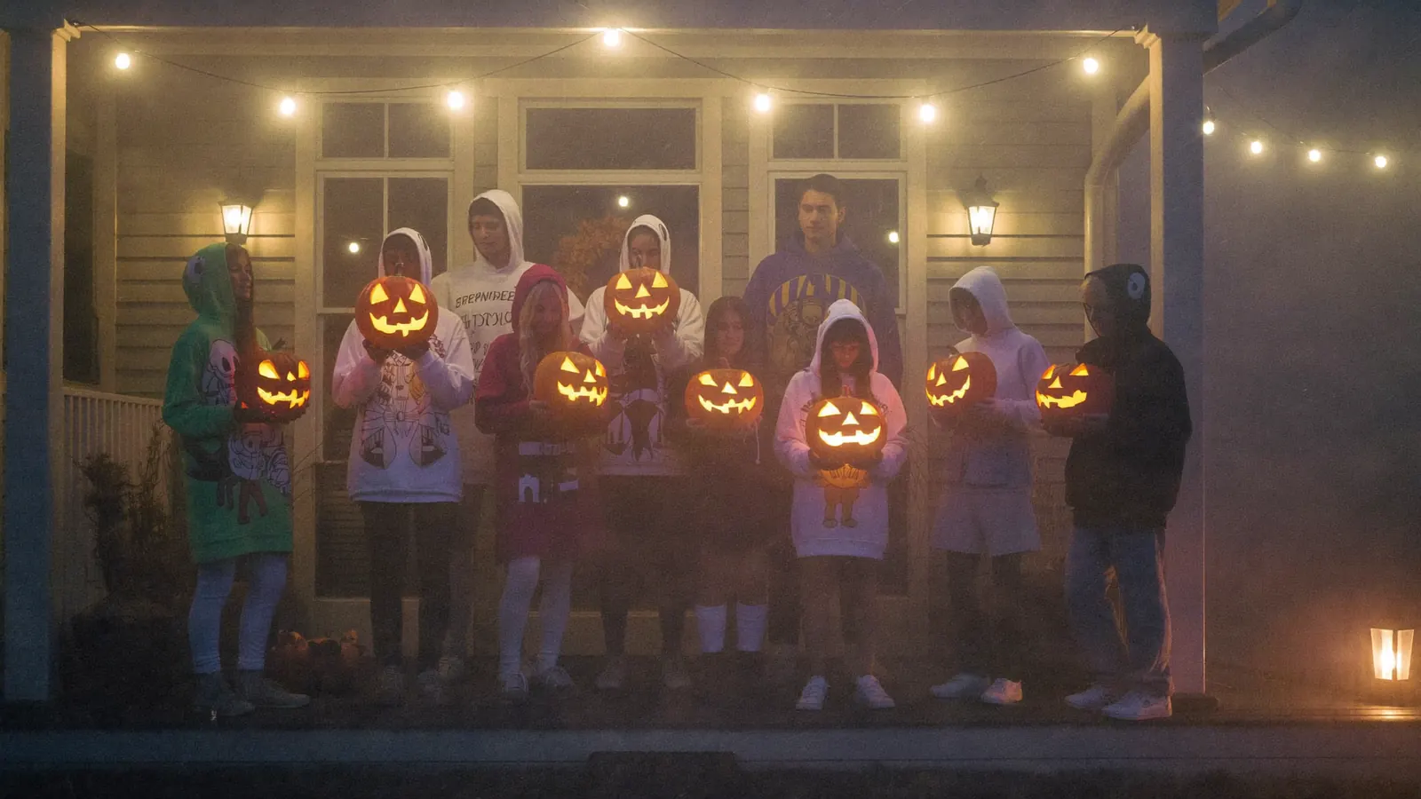 Friends in anime hoodies holding carved jack-o-lanterns on a porch on Halloween night