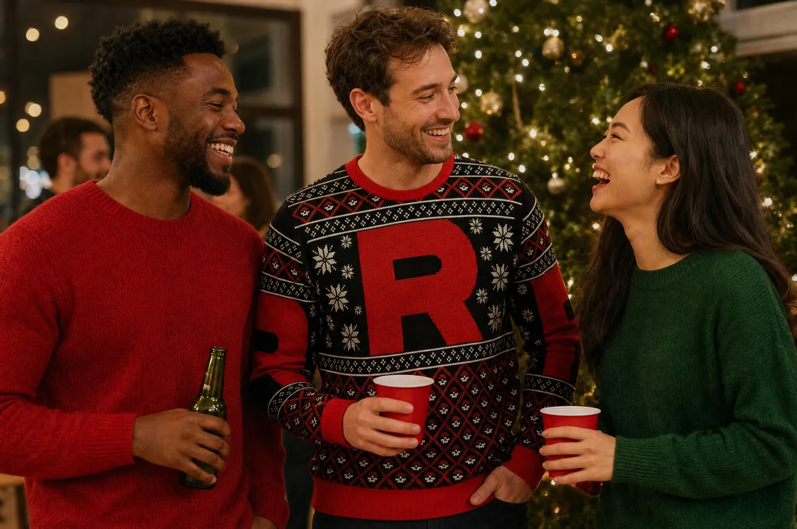 Friends at an office holiday party, one wearing a Pokémon Team Rocket ugly Christmas sweater
