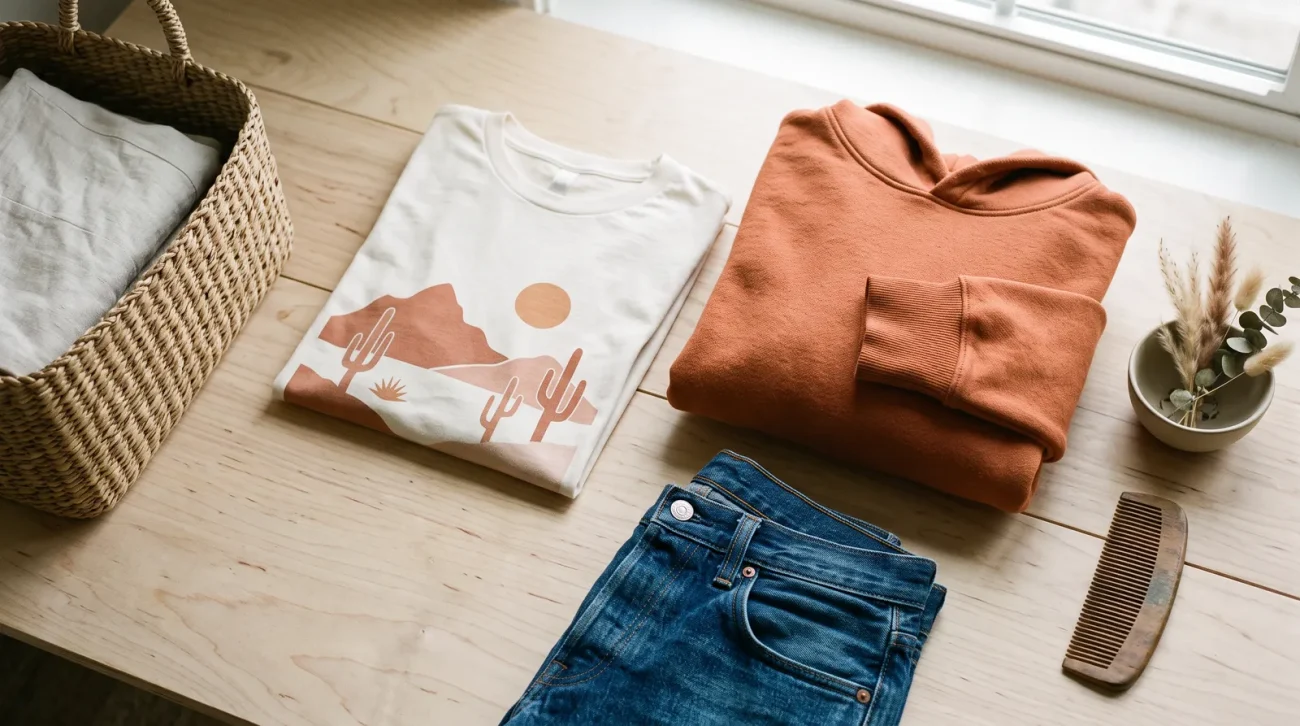 Anya forger merch: a curated flat lay of a folded graphic tee, a hoodie and folded denim