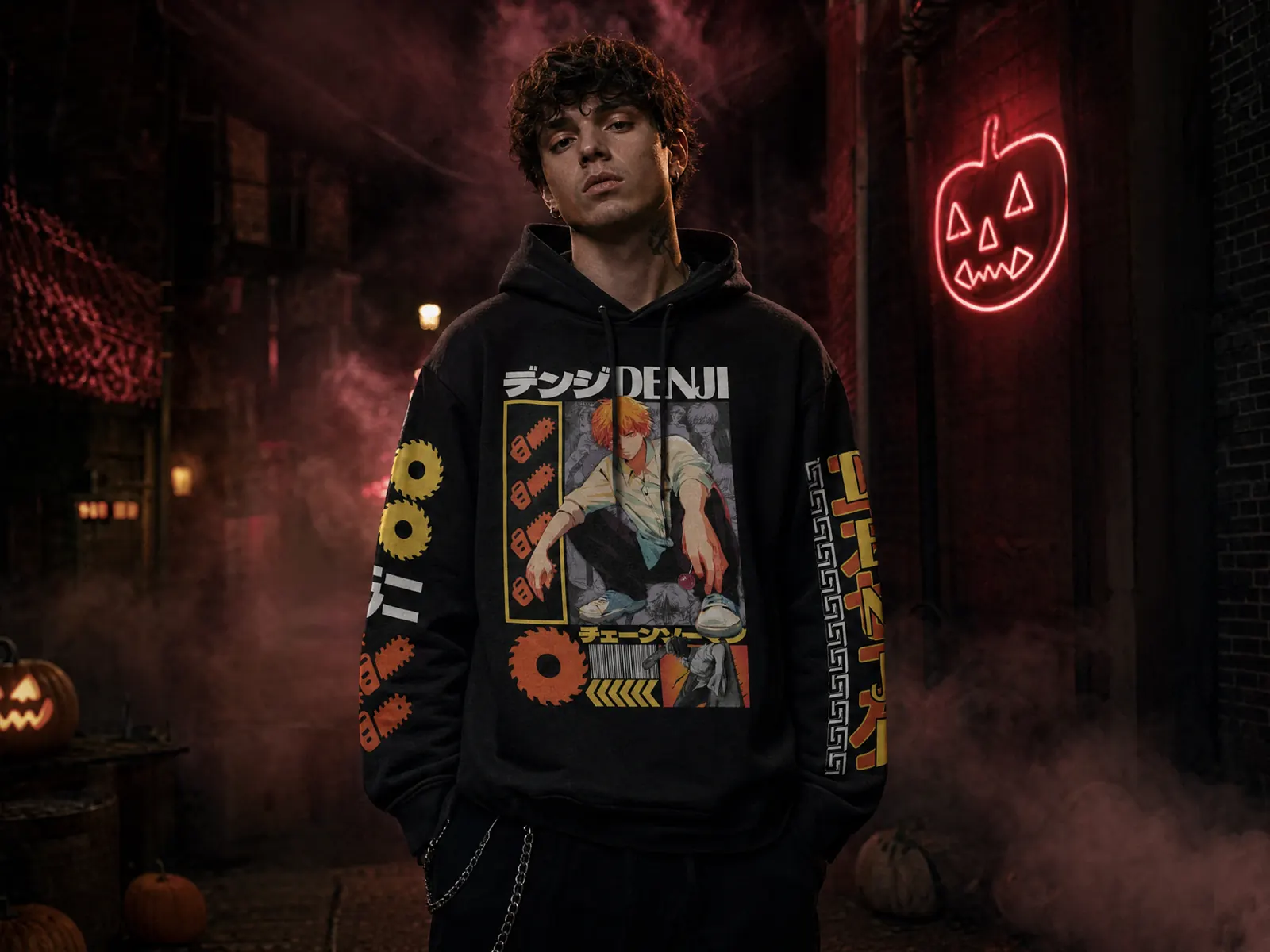 Man under red neon on Halloween night wearing the Denji Chainsaw Man streetwear hoodie