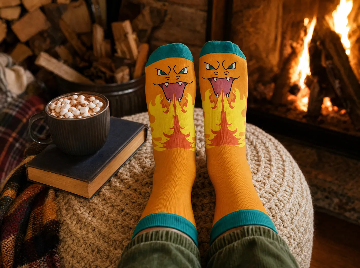 Pokémon Charizard anime socks by a fireplace with hot chocolate