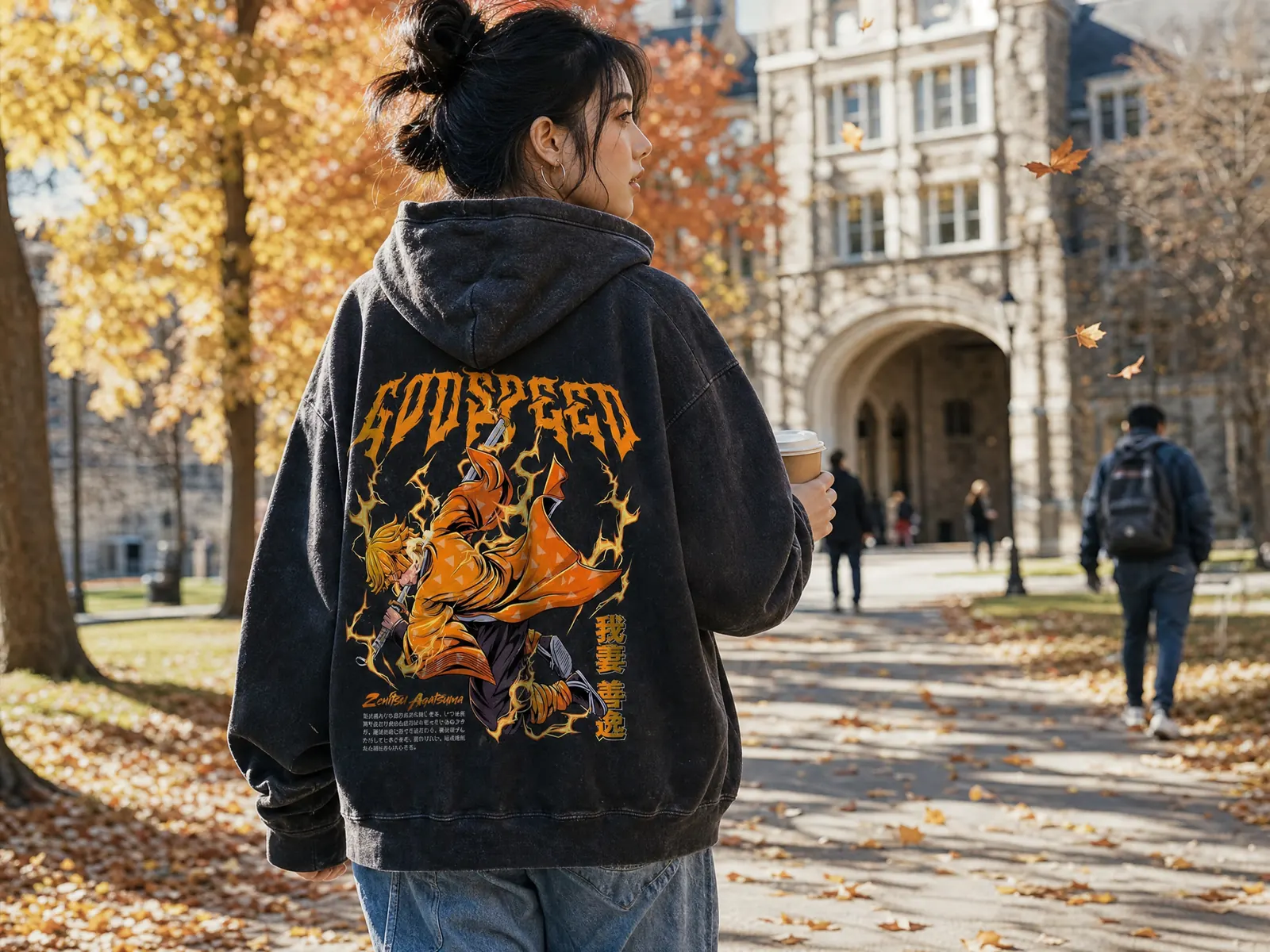 Woman on a fall college campus wearing the Zenitsu Agatsuma Demon Slayer vintage hoodie, back print visible