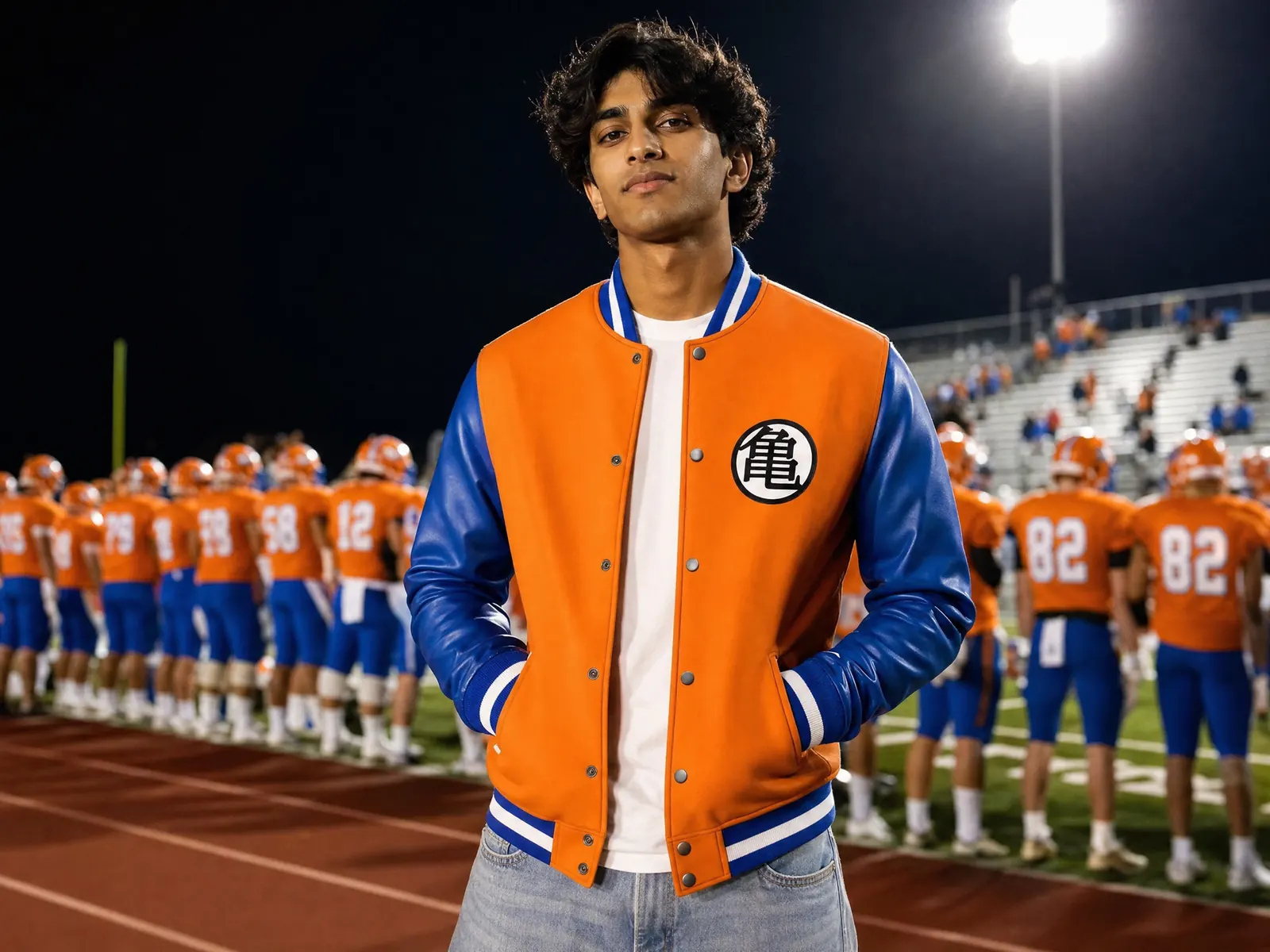 Man at a Friday night football game wearing the orange and blue Goku Dragon Ball Z varsity jacket