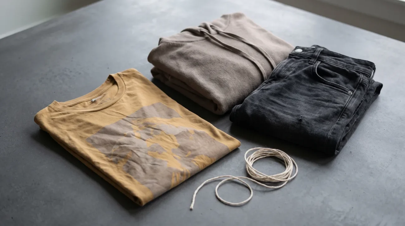 Eren yeager merch: a curated flat lay of a folded graphic tee, a hoodie and folded denim