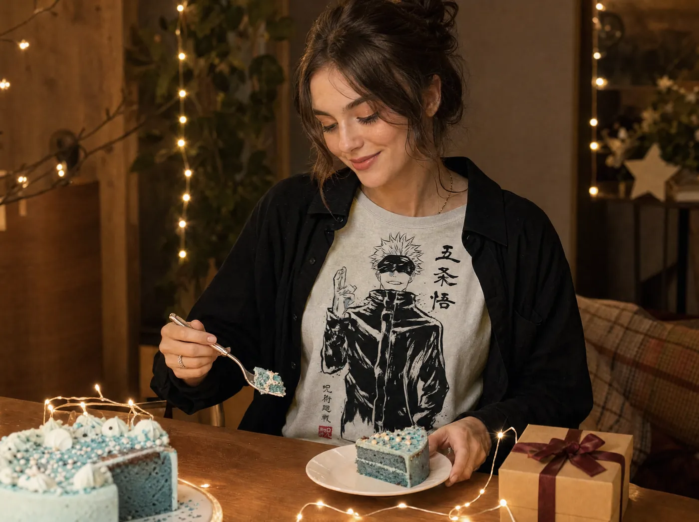Woman in a Satoru Gojo Jujutsu Kaisen vintage tee eating blue birthday cake