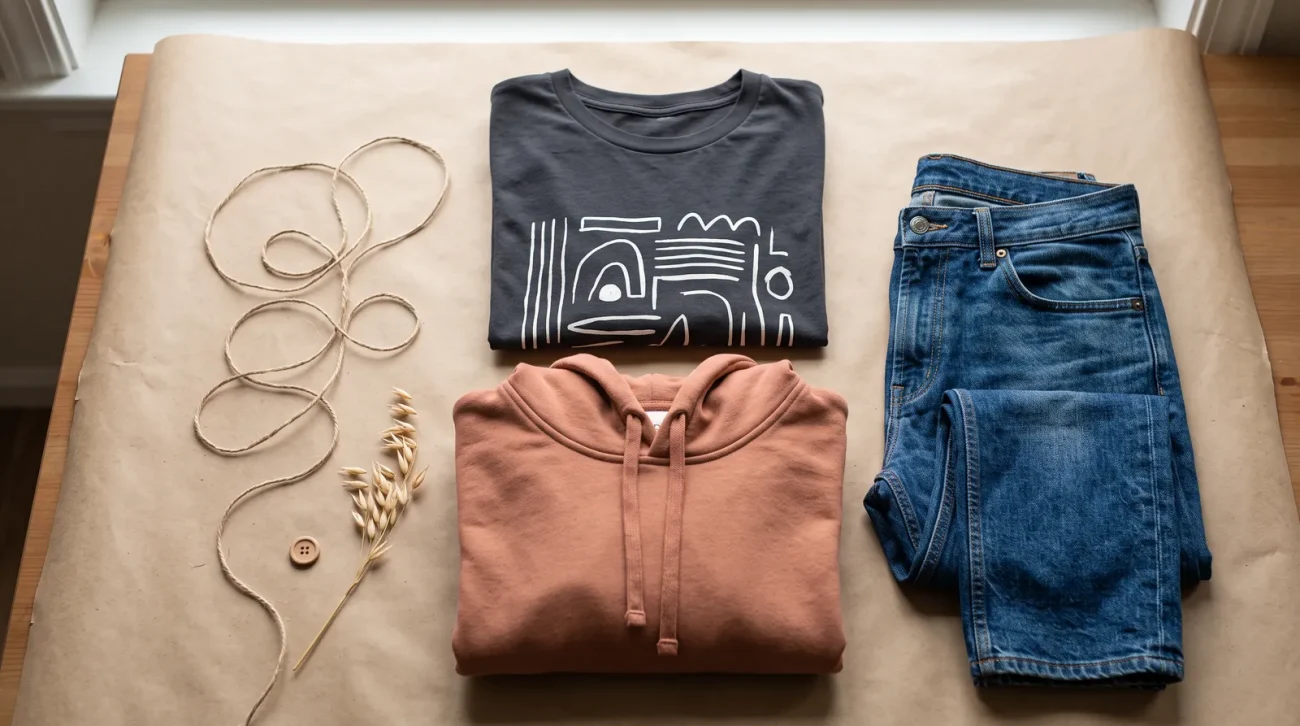 Goku merch: a curated flat lay of a folded graphic tee, a hoodie and folded denim