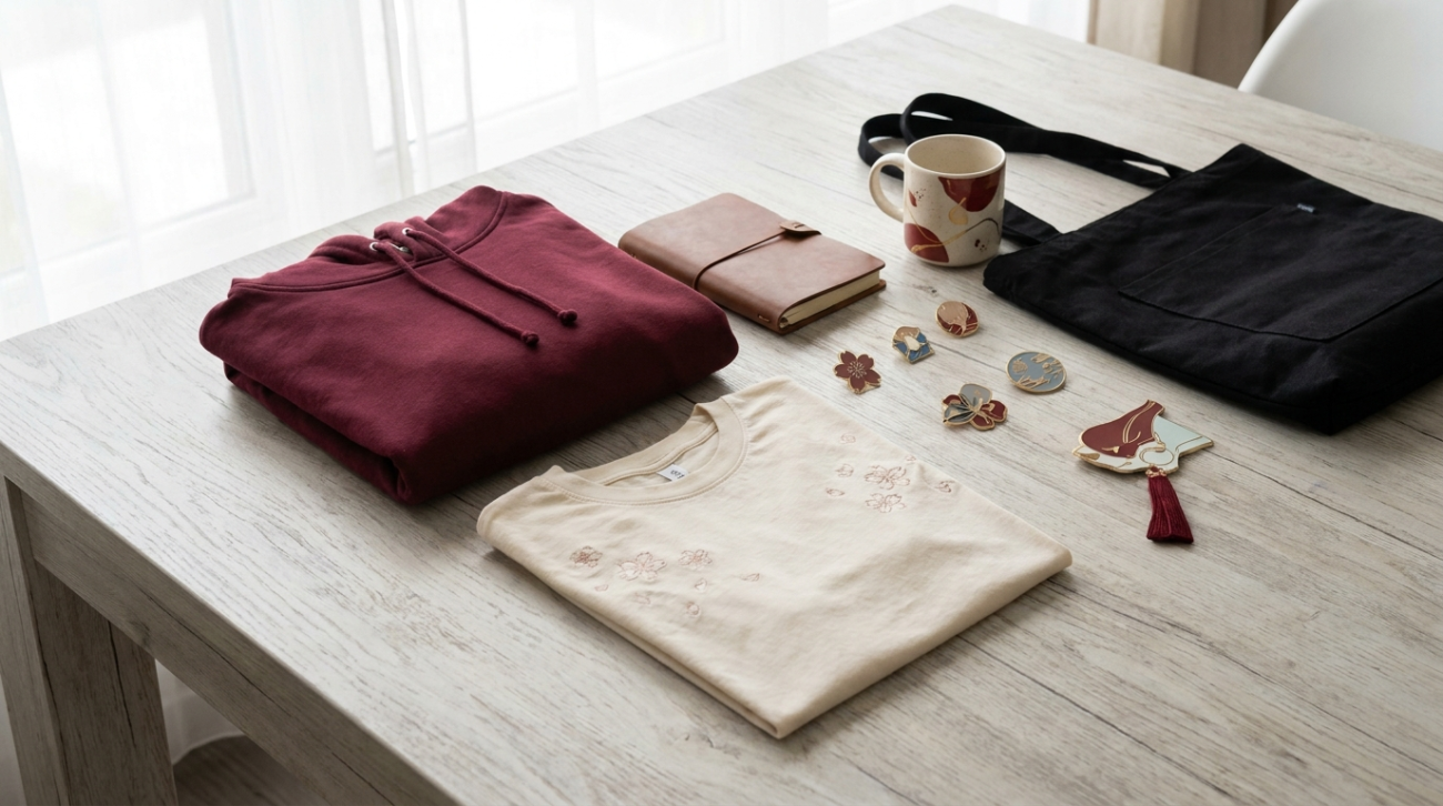 Kasumi themed merchandise flat lay