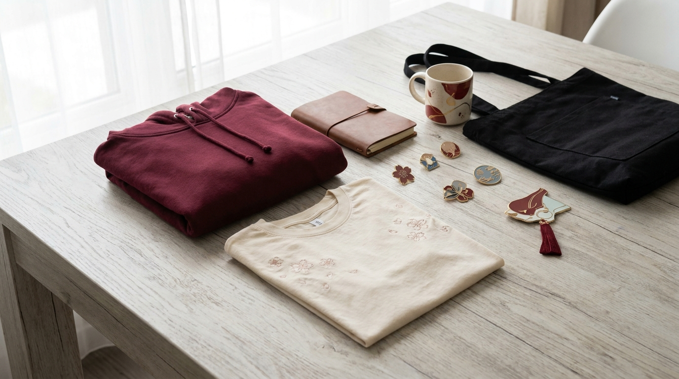 Kasumi themed merchandise flat lay