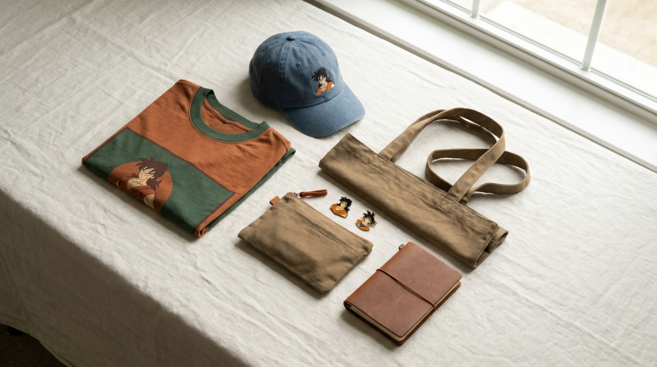 Yamcha themed merchandise flat lay