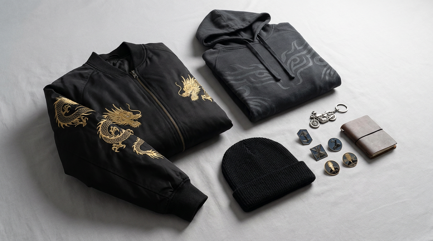 Ken Ryuguji themed merchandise flat lay