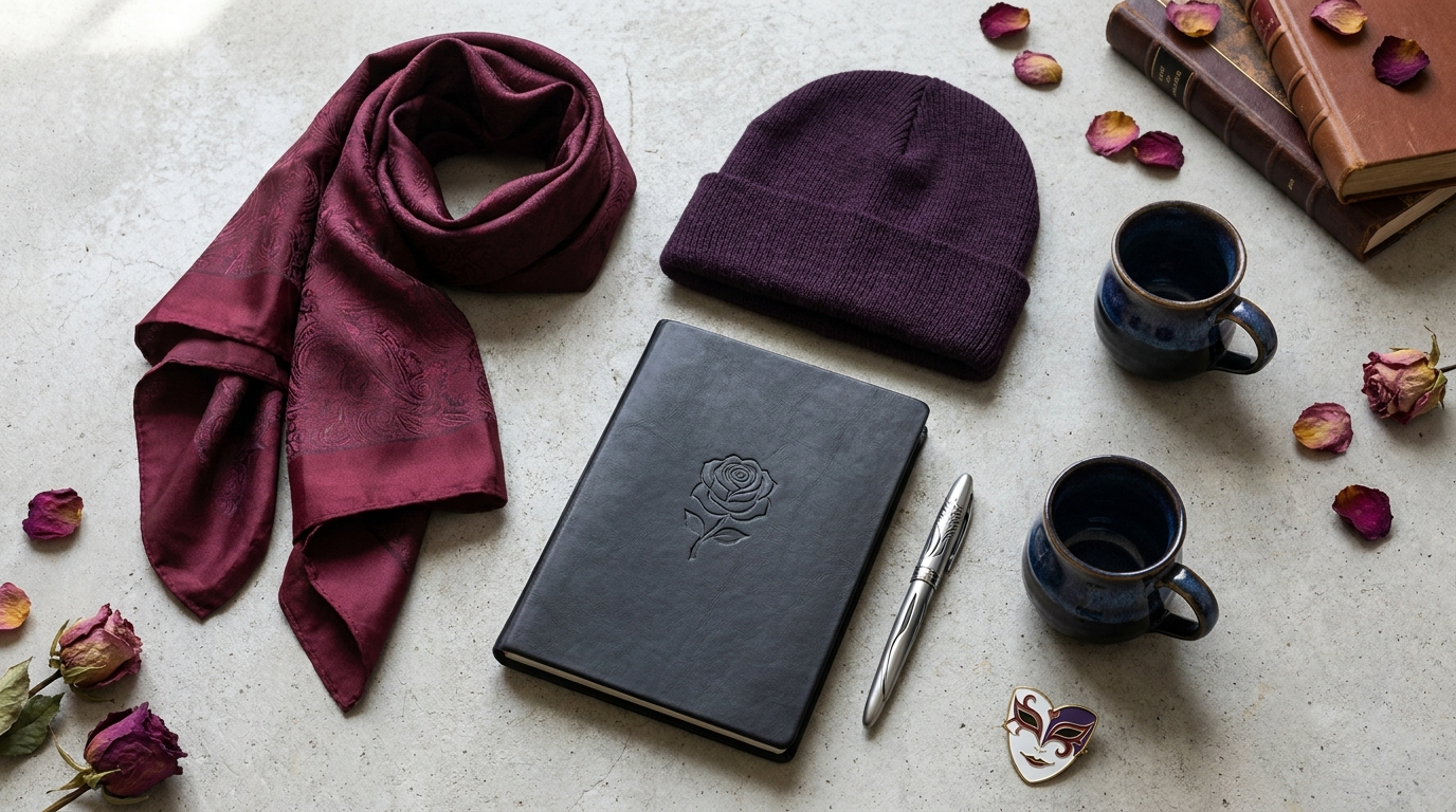 Shuu Tsukiyama themed merchandise flat lay