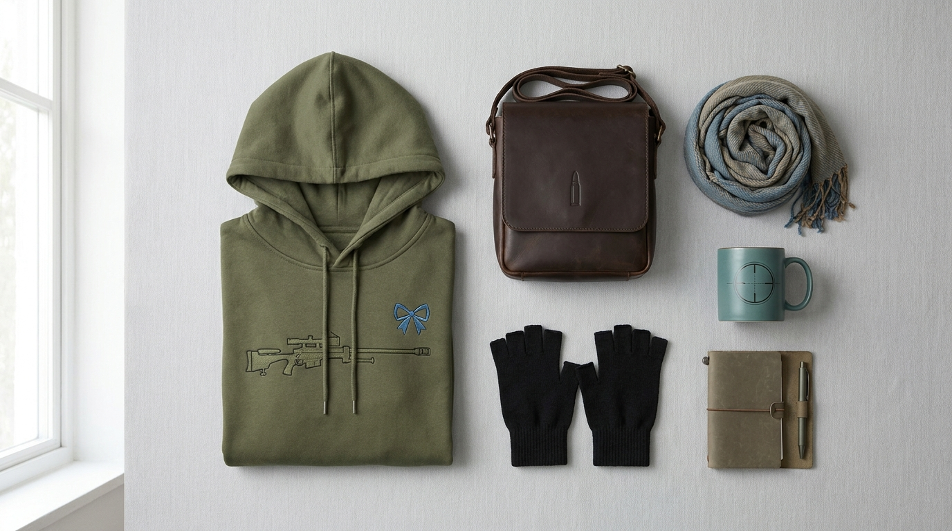 Sinon themed merchandise flat lay