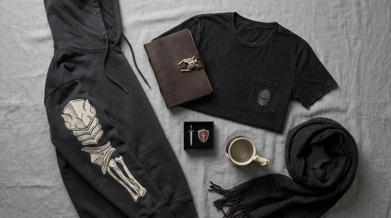 Skull Knight themed merchandise flat lay