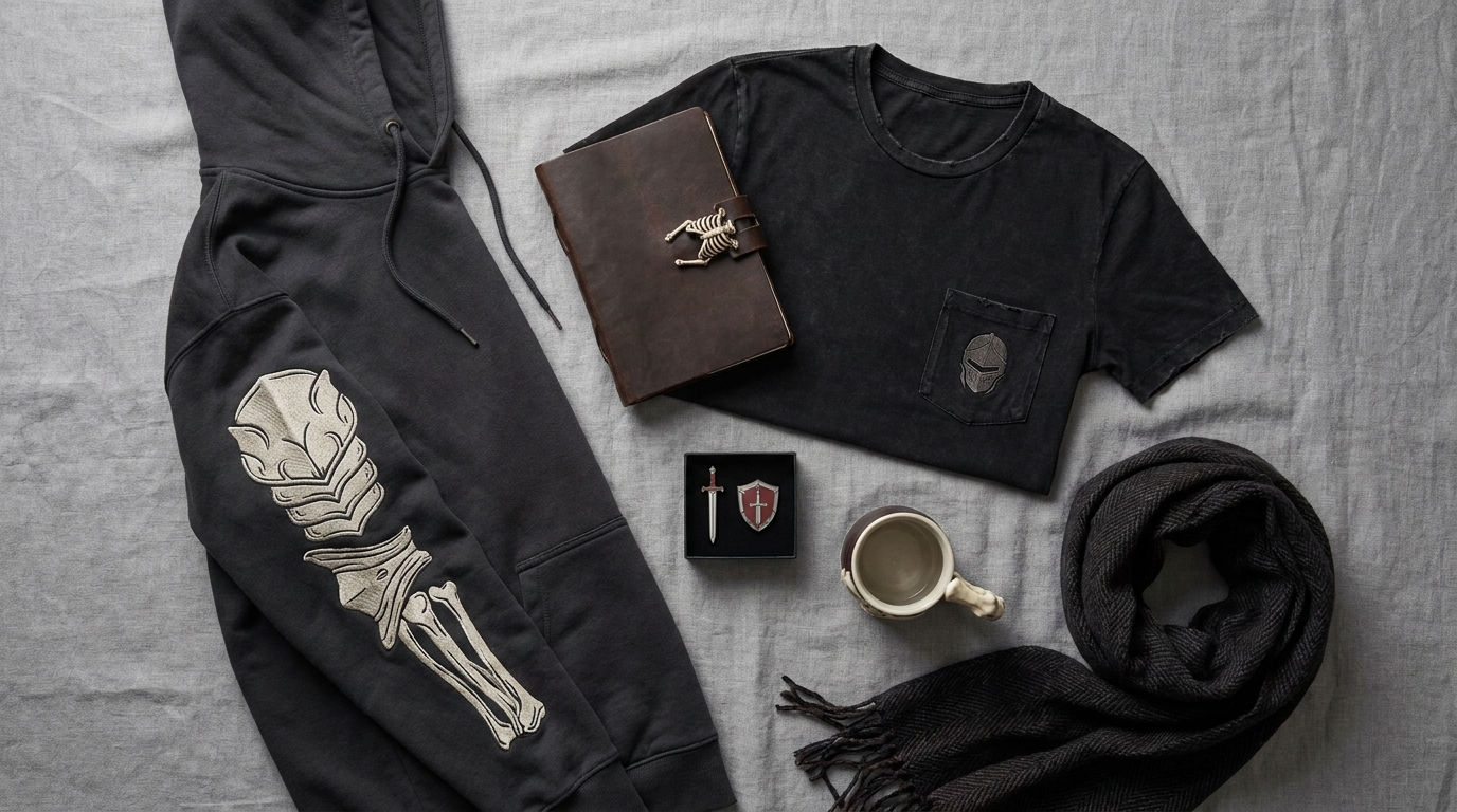Skull Knight themed merchandise flat lay