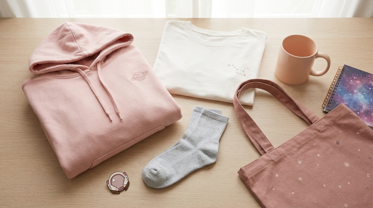 Uravity themed merchandise flat lay