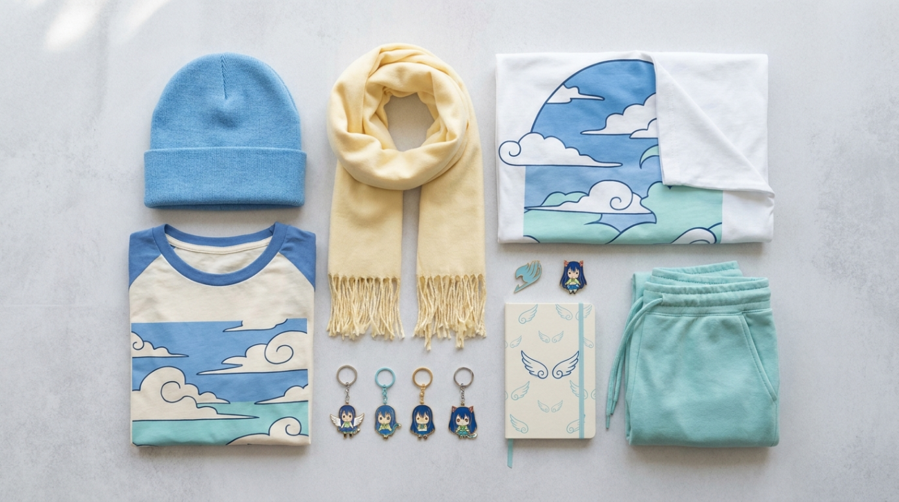Wendy Marvell themed merchandise flat lay