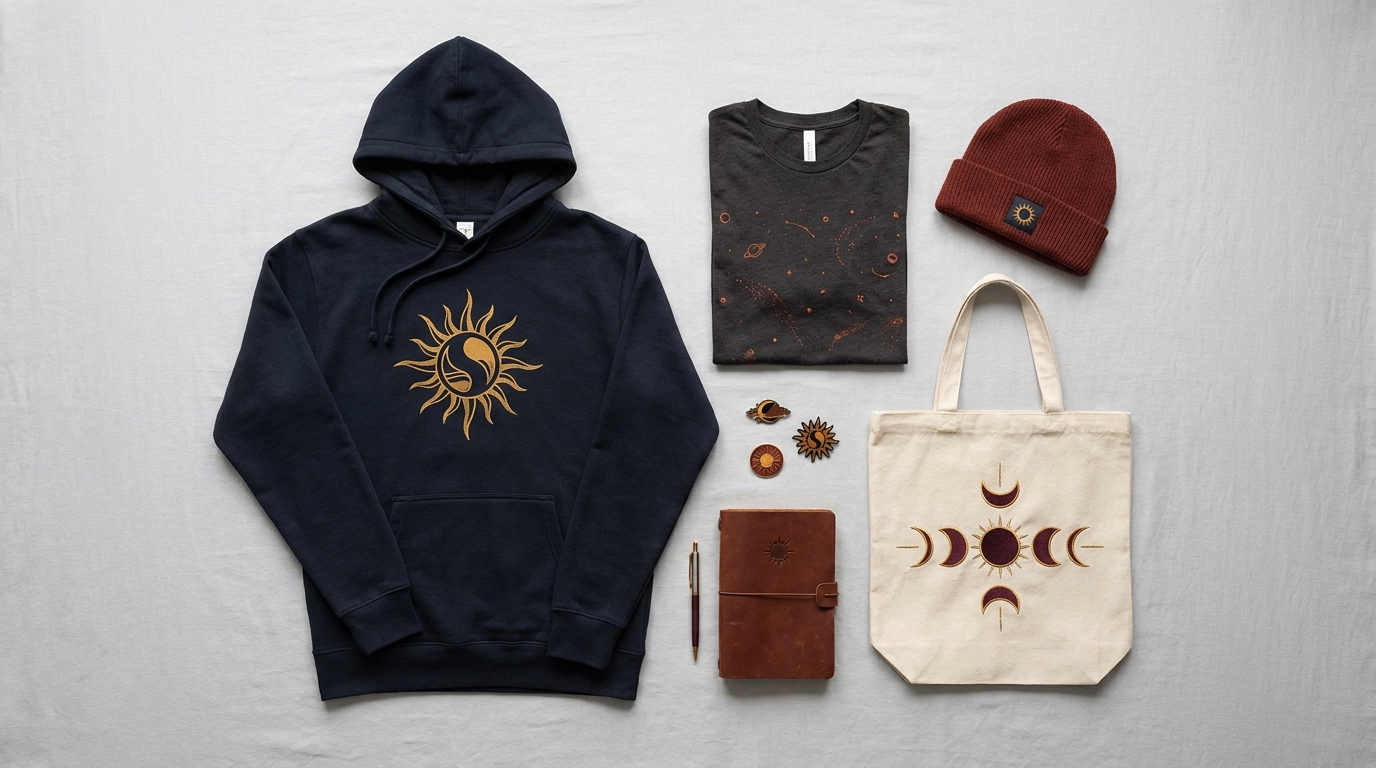 Suneater themed merchandise flat lay