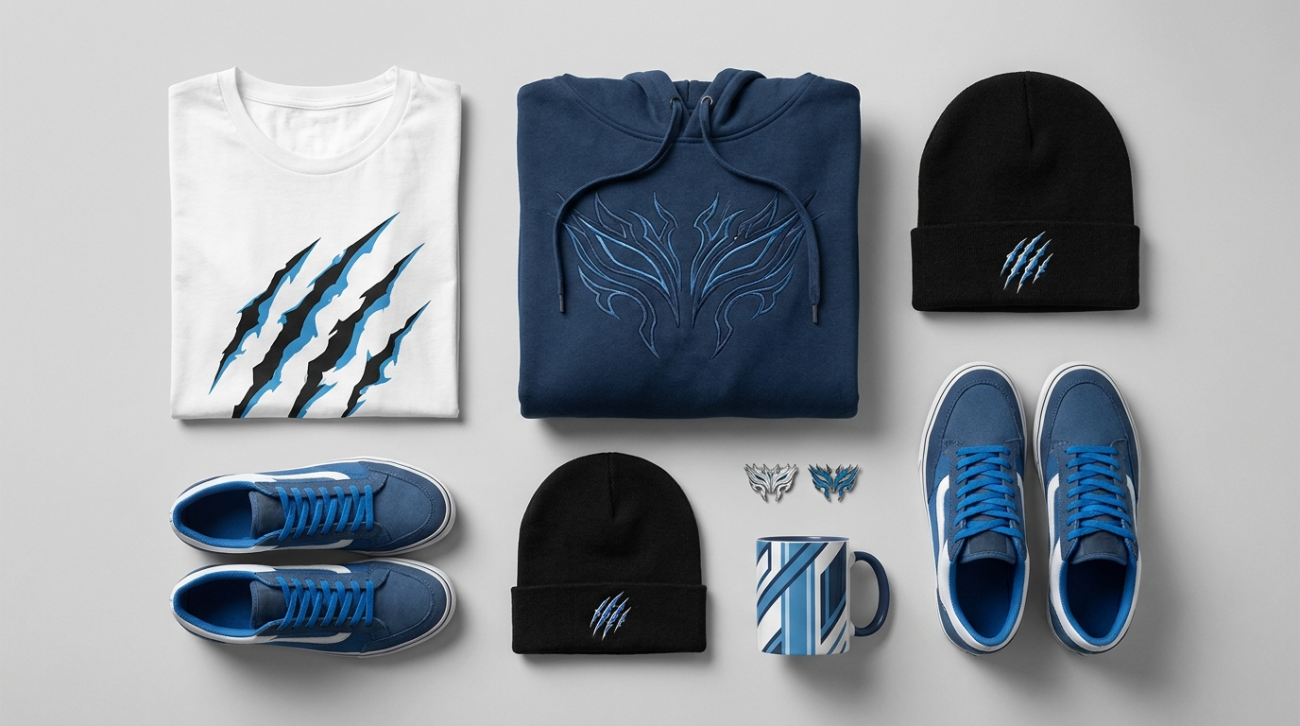Grimmjow themed merchandise flat lay