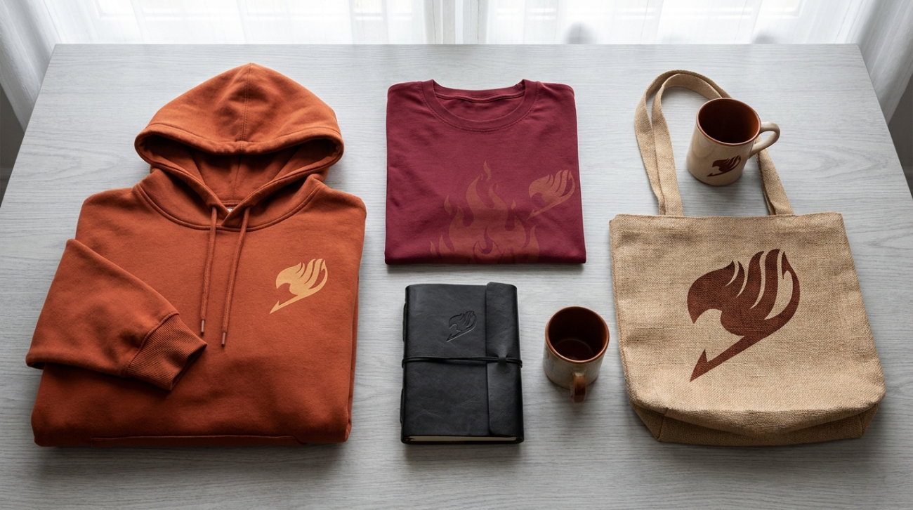 Natsu themed merchandise flat lay
