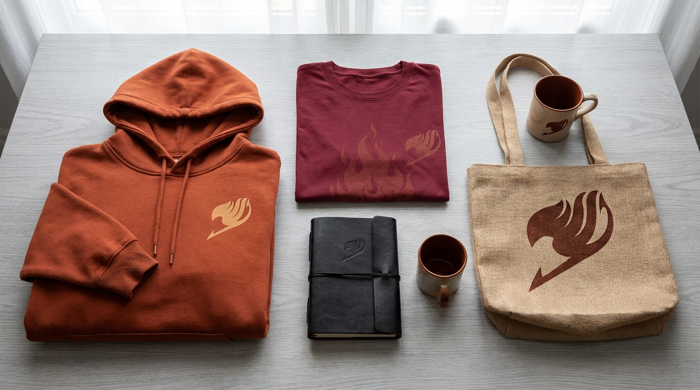 Natsu themed merchandise flat lay