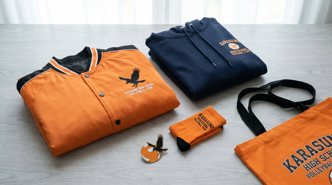 Karasuno High School Volleyball Team themed merchandise flat lay