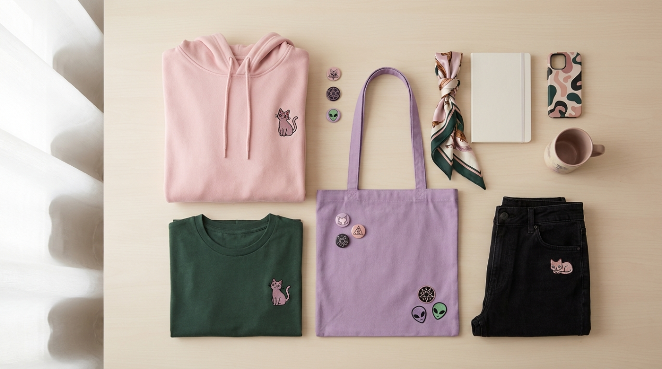 Ayase Momo themed merchandise flat lay