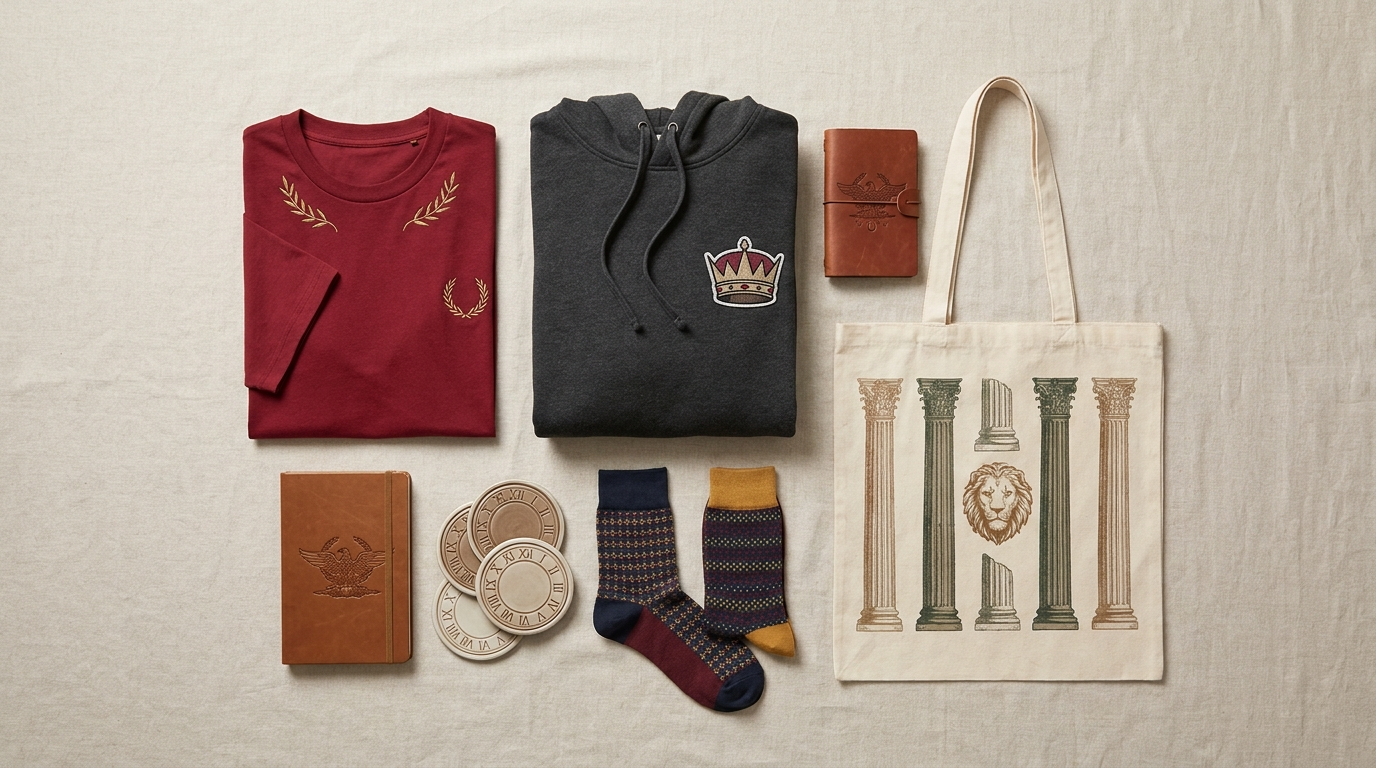 Caesar King themed merchandise flat lay