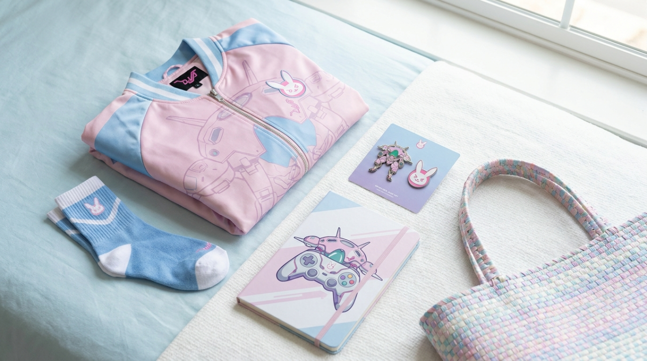 D. Va themed merchandise flat lay