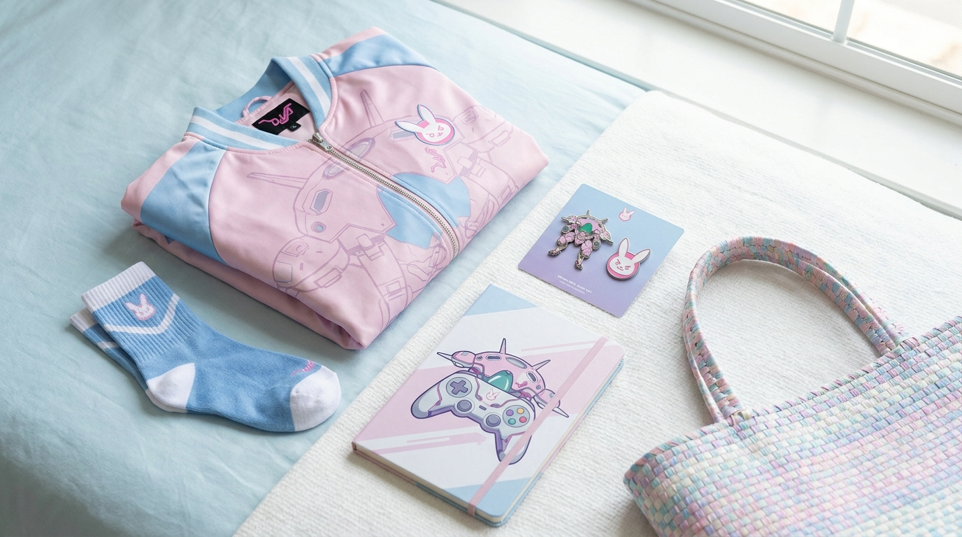 D. Va themed merchandise flat lay