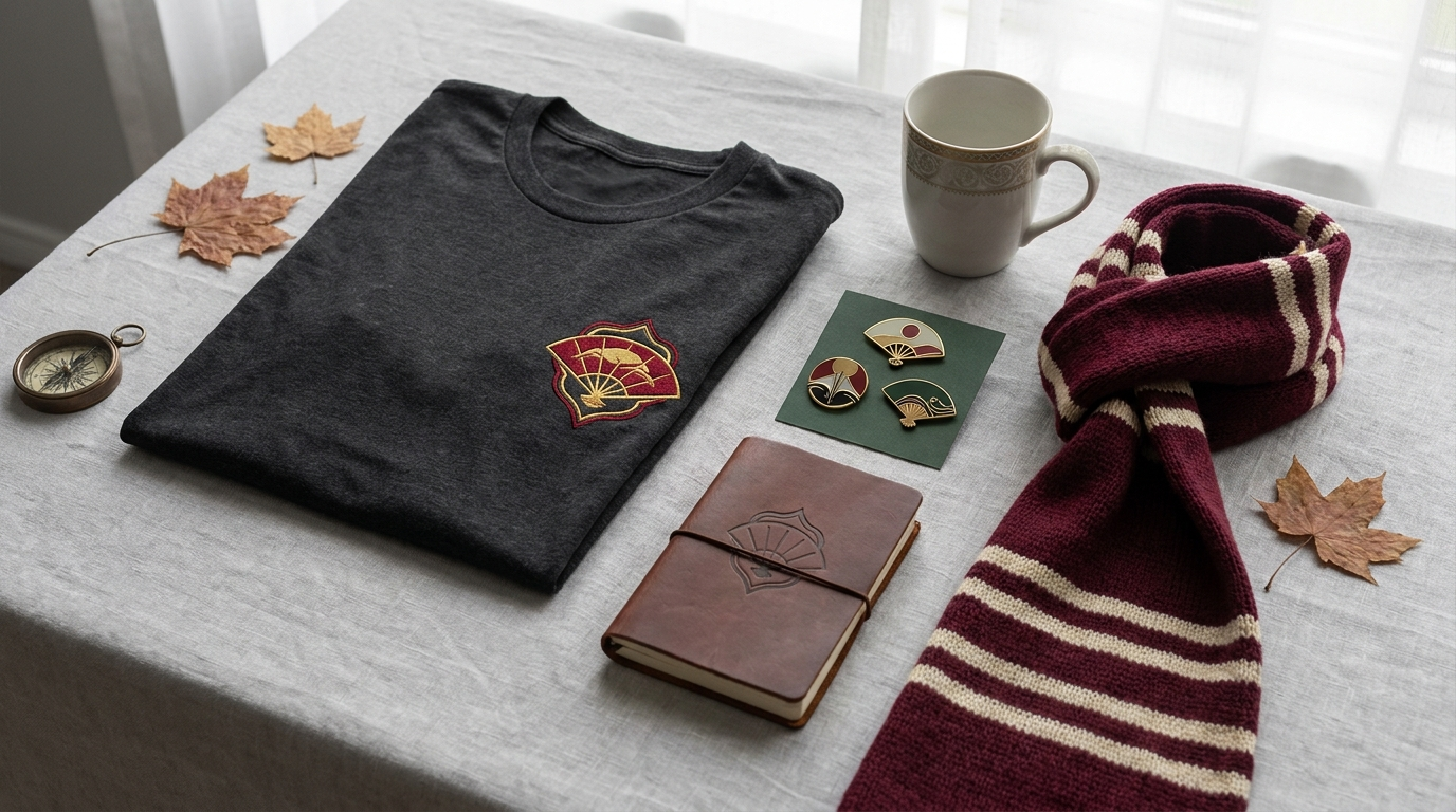 Enjoji Jin themed merchandise flat lay