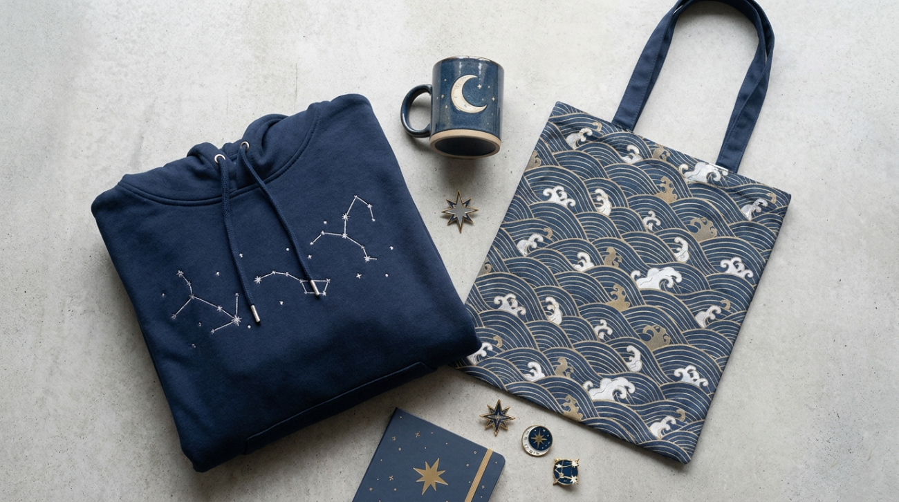 Hoshimi Miyabi themed merchandise flat lay