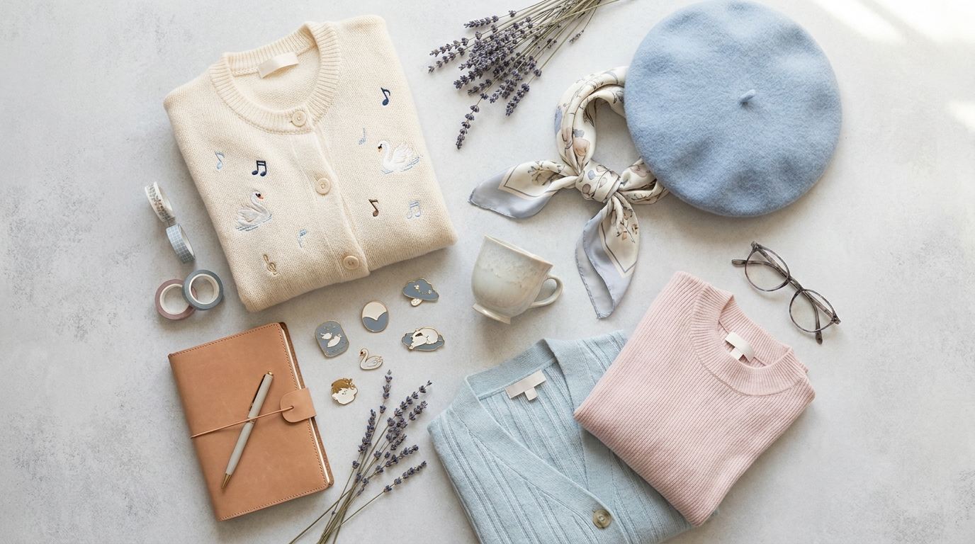 Shiratori Aira themed merchandise flat lay