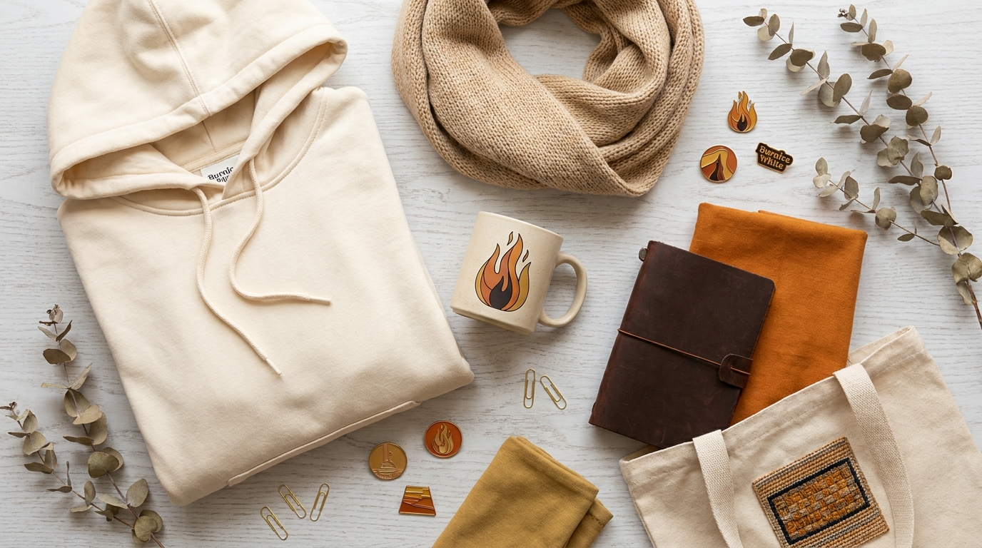 Burnice White themed merchandise flat lay