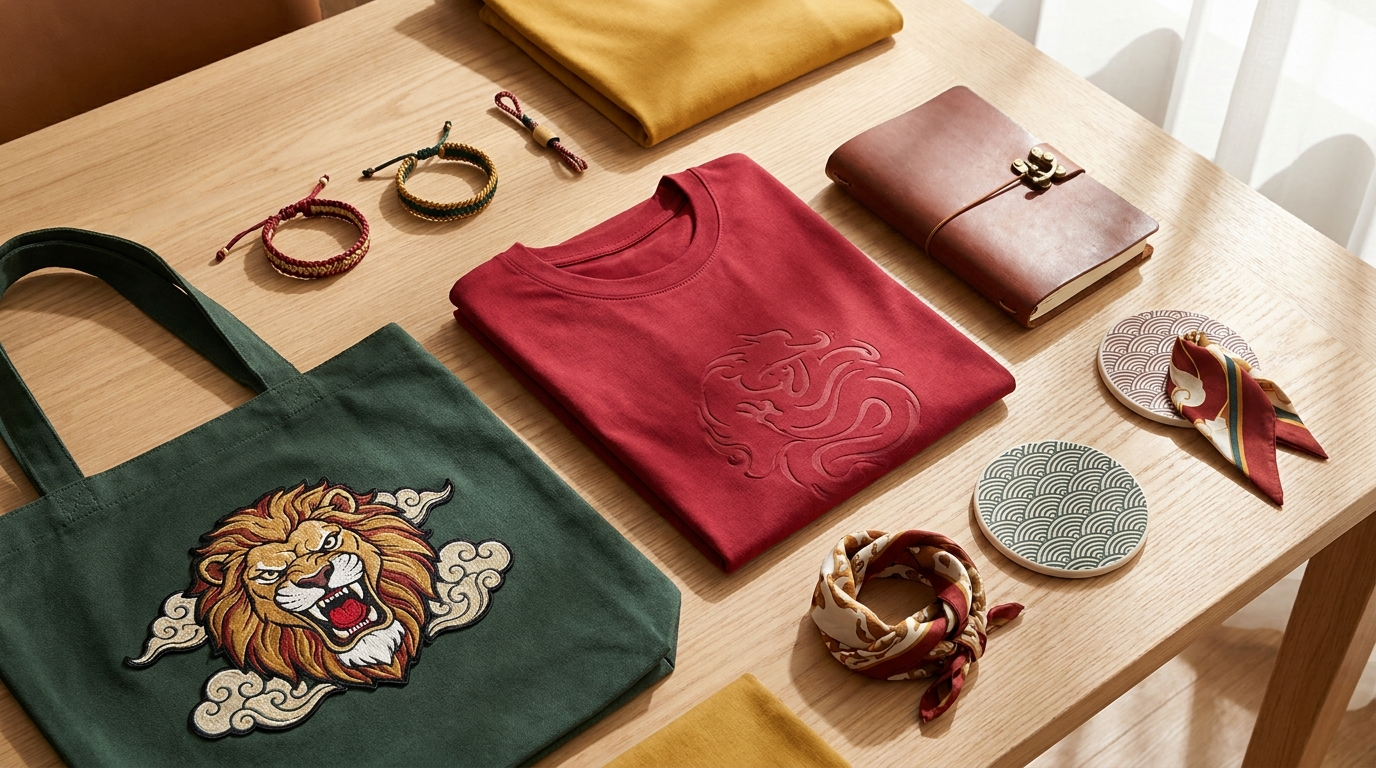 Ryuu Lion themed merchandise flat lay