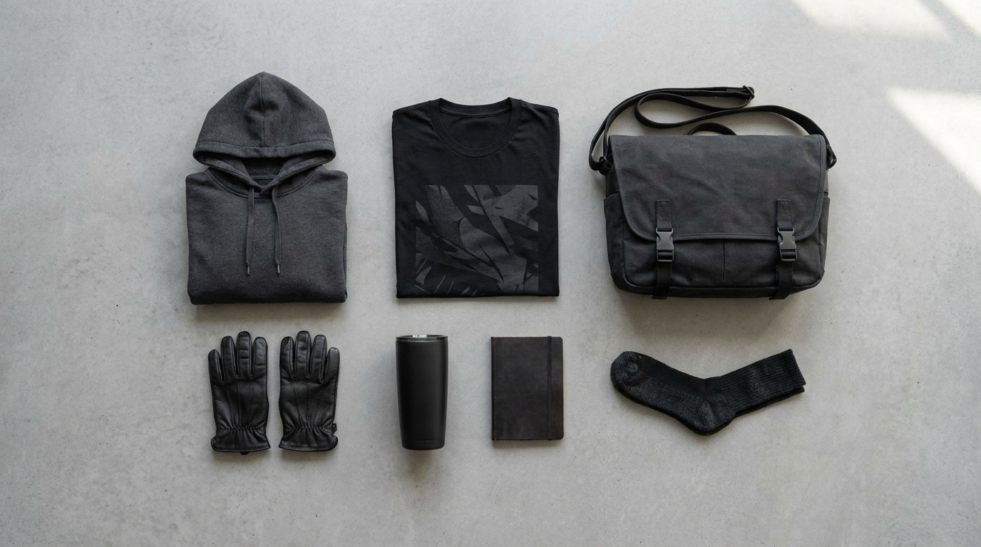 Jet Black themed merchandise flat lay