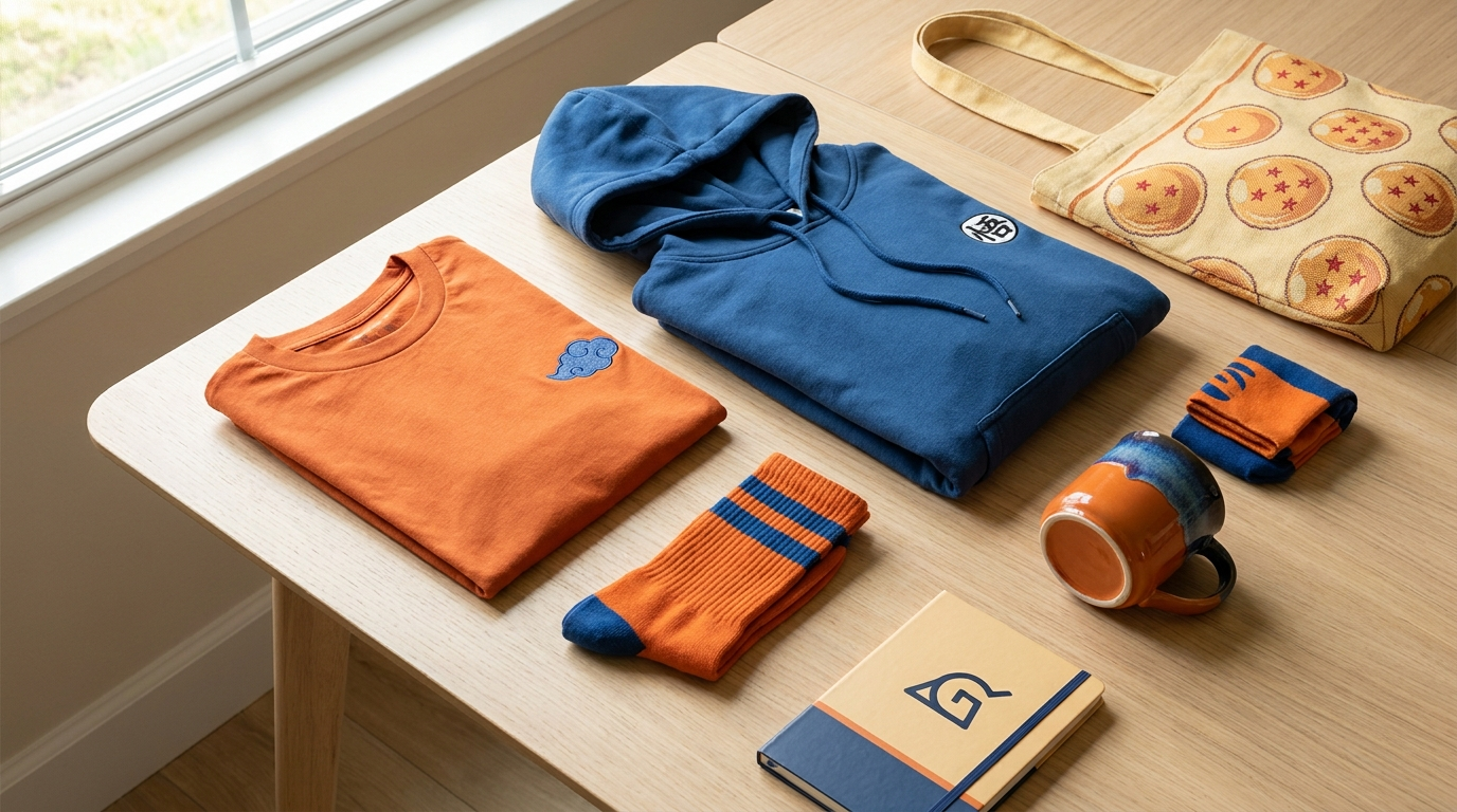 Songoku themed merchandise flat lay