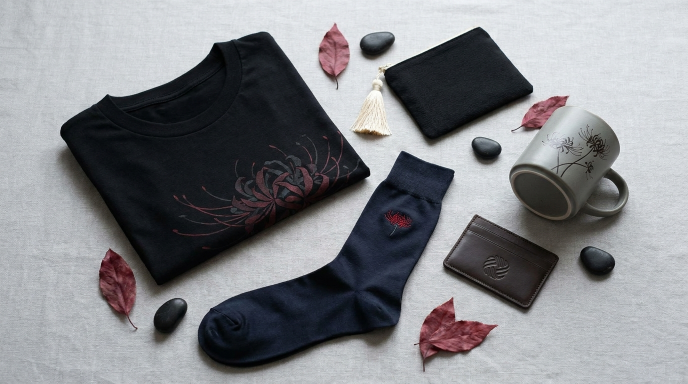Muzan themed merchandise flat lay