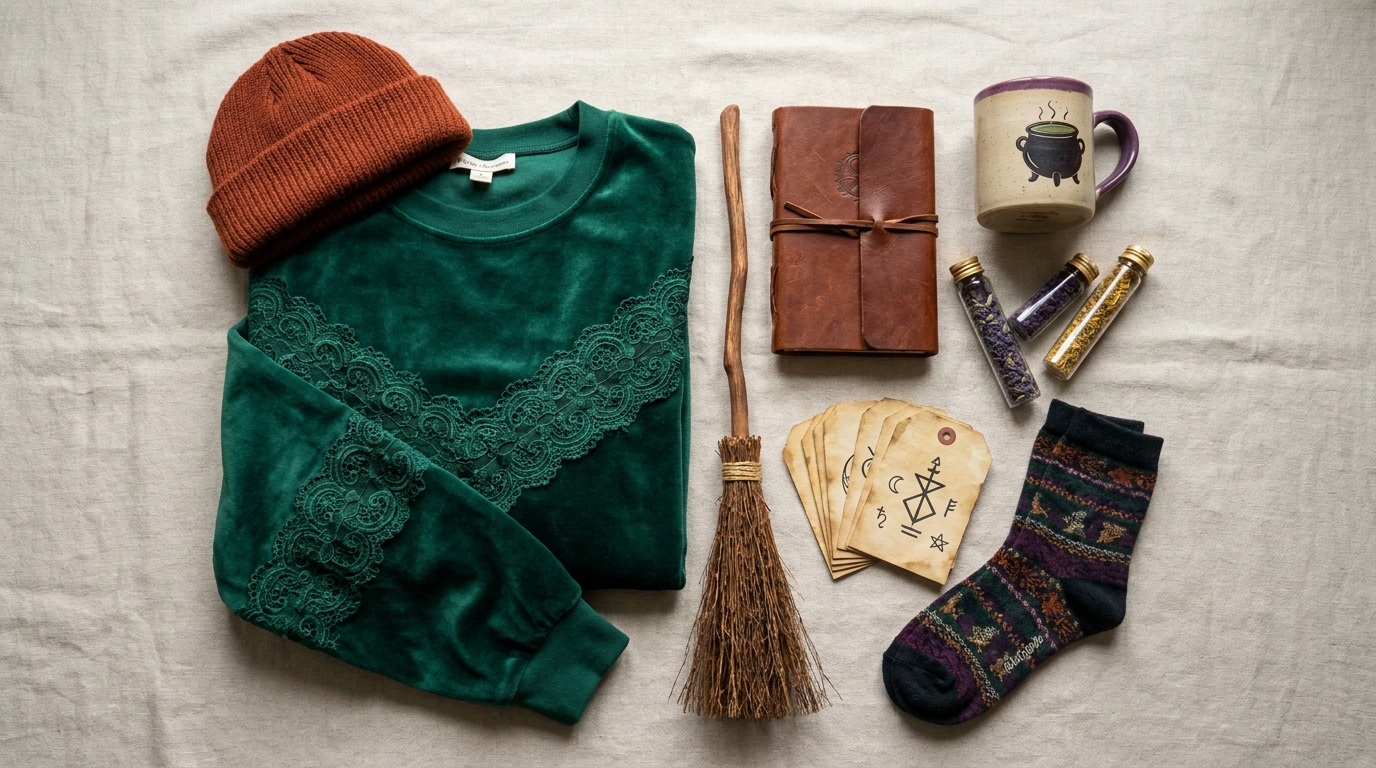 Winifred Sanderson themed merchandise flat lay