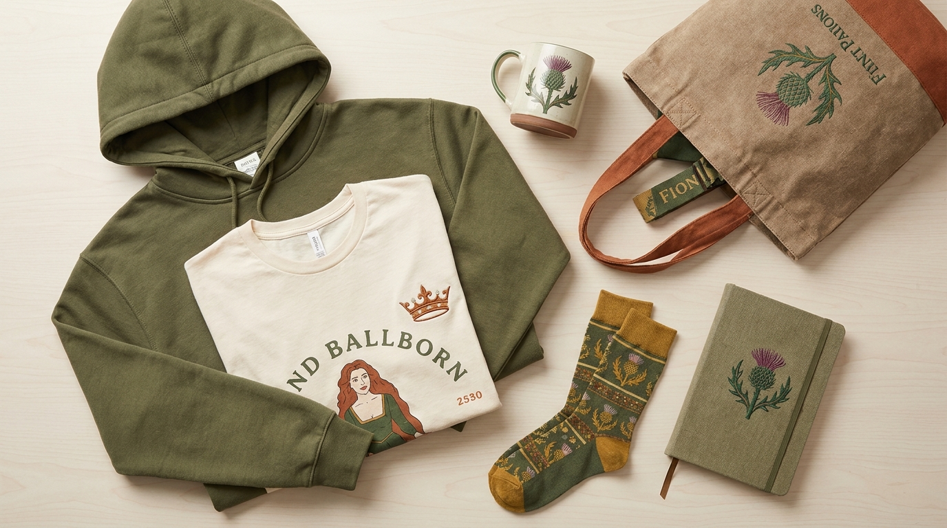 Fiona themed merchandise flat lay
