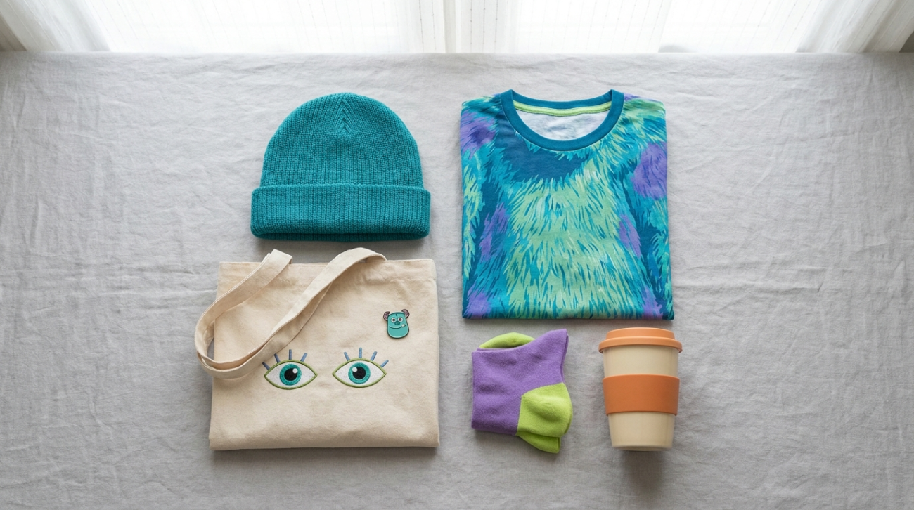 Monsters, Inc. themed merchandise flat lay