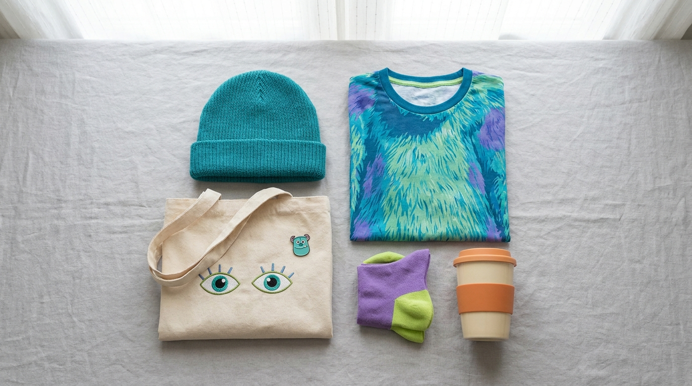 Monsters, Inc. themed merchandise flat lay