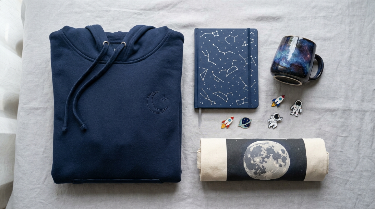 To The Moon themed merchandise flat lay