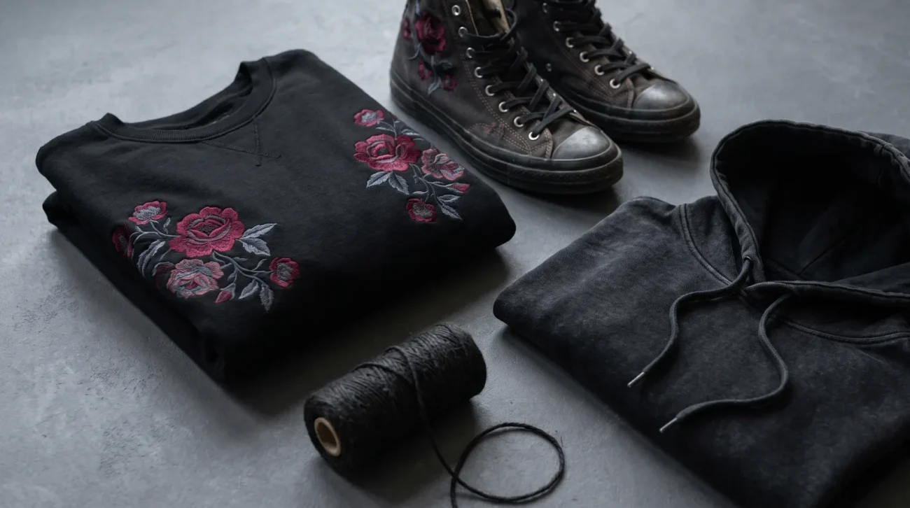 Itachi Uchiha merch: folded black embroidered sweatshirt, dark high-top sneakers and a washed-black hoodie on a charcoal backdrop