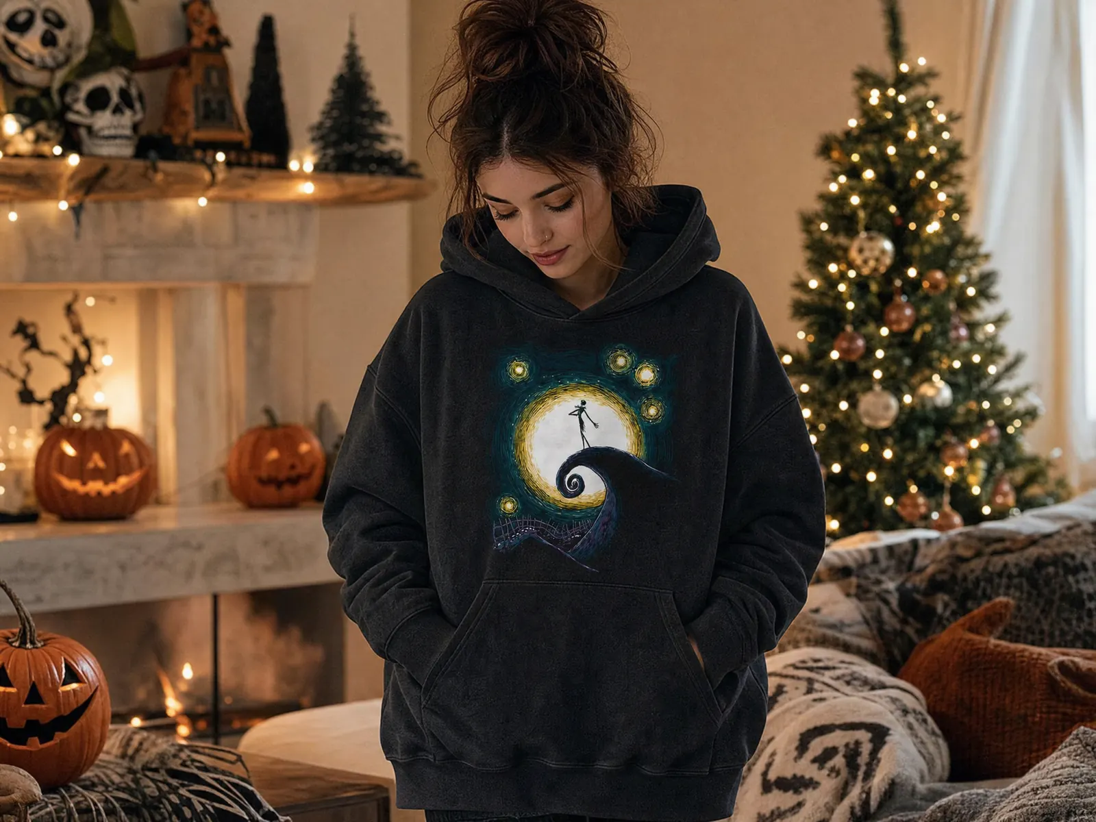 Woman in a room decorated for Halloween and Christmas wearing the Jack Skellington Nightmare Before Christmas vintage hoodie